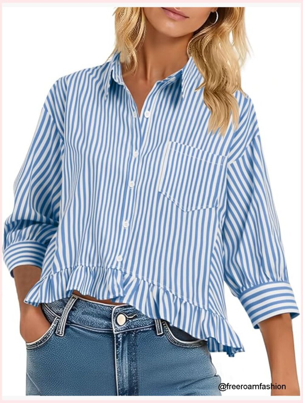 Womens 3/4 Sleeve Button Down Ruffle Babydoll Blouse Loose Fit Striped